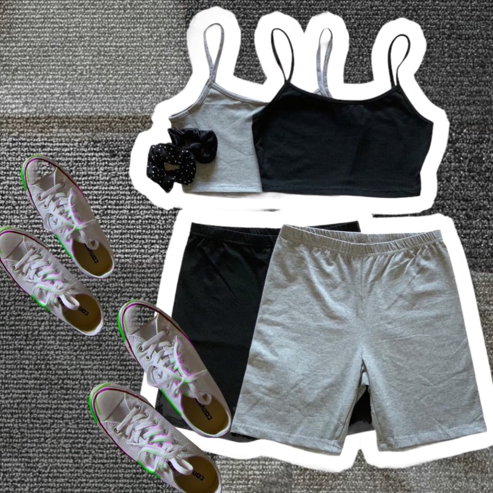 Gray Marl- 2pcs Lounge Set:crop top & biker shorts